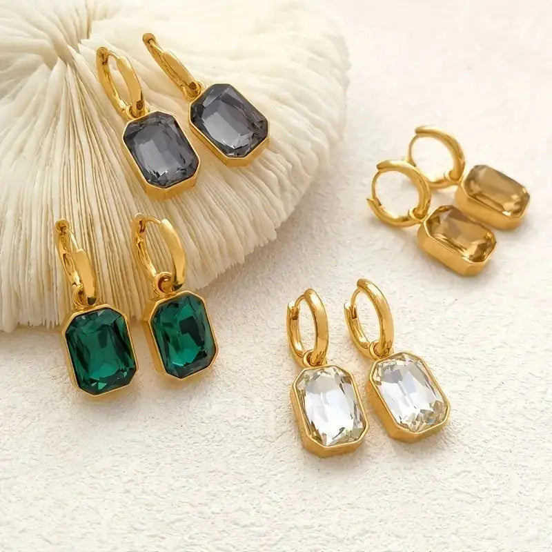 Trendy Square Zirconia Earrings – Gold-Tone Stainless Steel Crystal Studs for Women & Girls | Elegant Daily & Party Jewelry