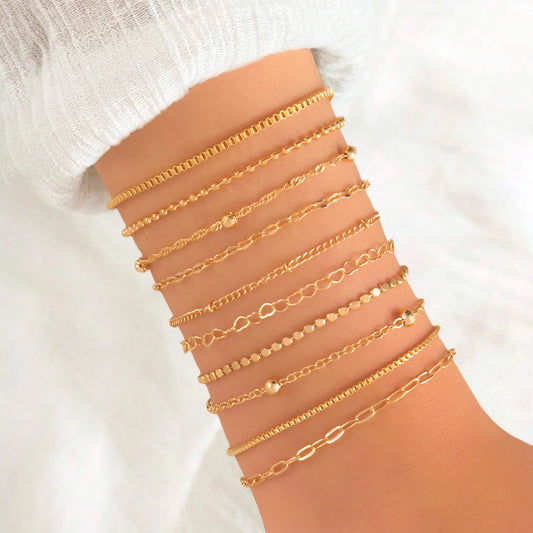 10-Piece Vintage Gold Statement Bracelet Set – Flat Snake & Box Chains, Boho Multi-Layer Metal Jewelry for Women, Summer Accessory