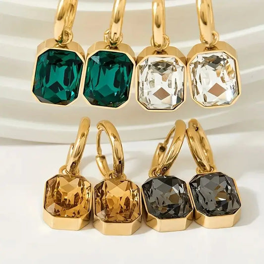 Trendy Square Zirconia Earrings – Gold-Tone Stainless Steel Crystal Studs for Women & Girls | Elegant Daily & Party Jewelry