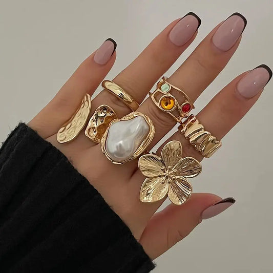 Ingemark 2025 Irregular Metal Flower Open Ring – Elegant Baroque Style with Imitation Pearl for Women | Statement Jewelry Accessory